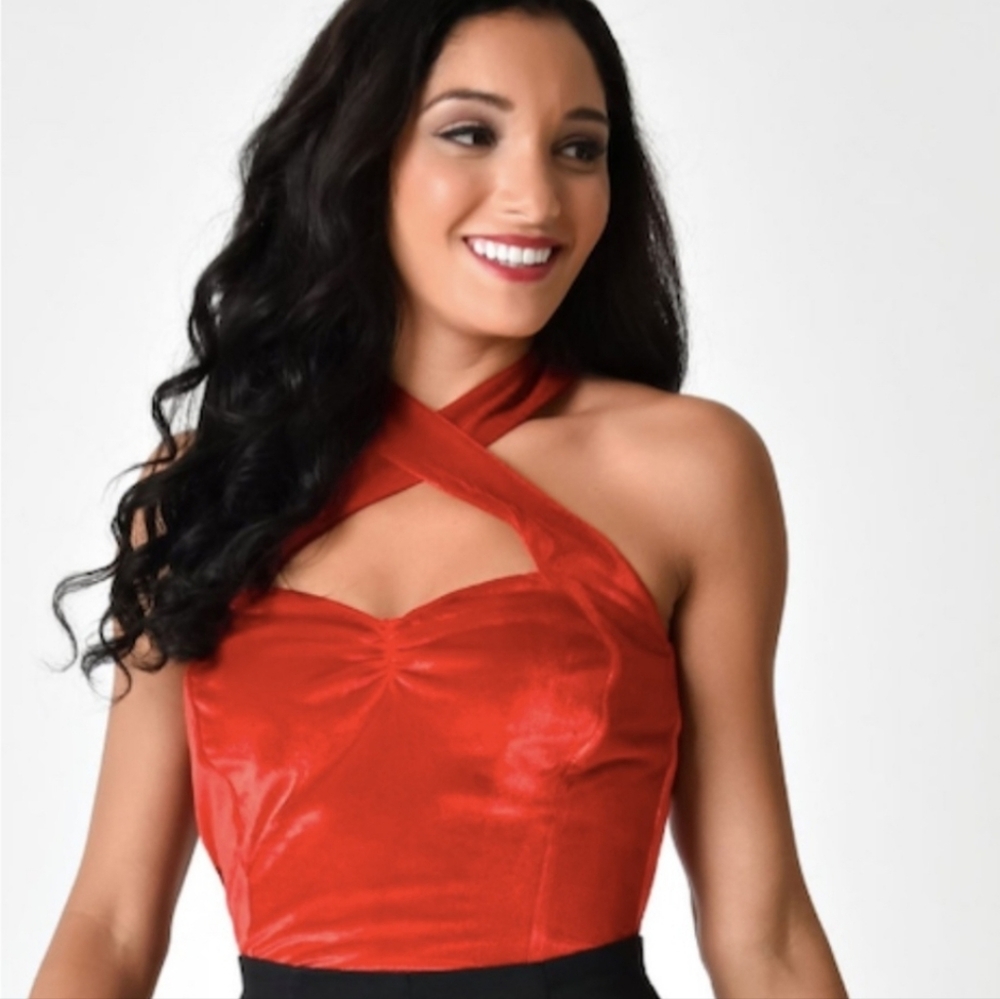 NEW UNIQUE VINTAGE‎ red velvet Rita plus size criss cross halter top 4X